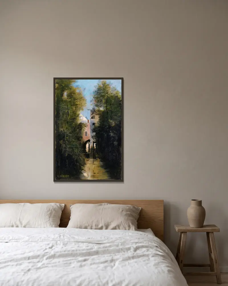 Väderkvarnen vid floden Thérain i Beauvais av Jean-Baptiste-Camille Corot inramad på en vägg