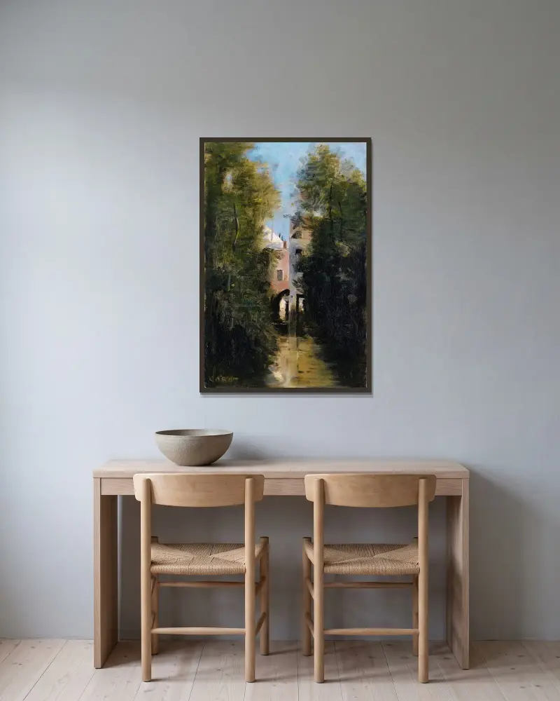 Väderkvarnen vid floden Thérain i Beauvais av Jean-Baptiste-Camille Corot inramad på en vägg