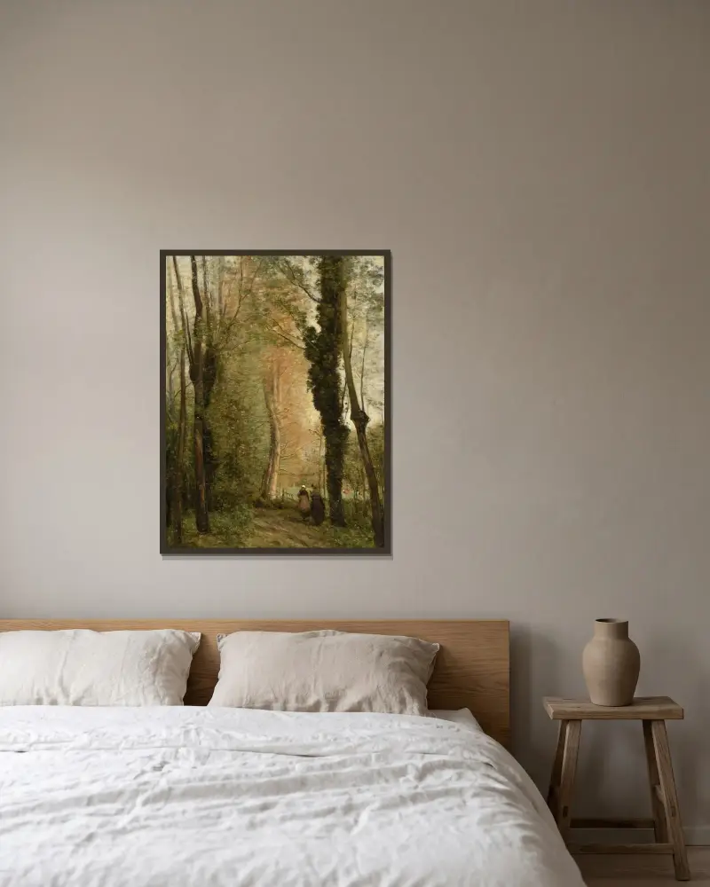 Un chemin sous les arbres au printemps av Jean-Baptiste-Camille Corot inramad på en vägg