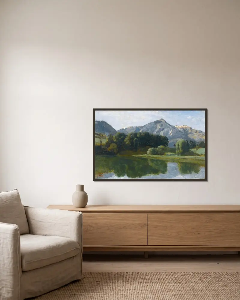 Un Lac De L’oberland av Jean-Baptiste-Camille Corot inramad på en vägg