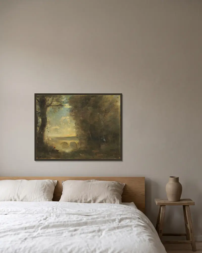 Un Pêcheur À La Ligne, Souvenir Du Pont De Mantes av Jean-Baptiste-Camille Corot inramad på en vägg