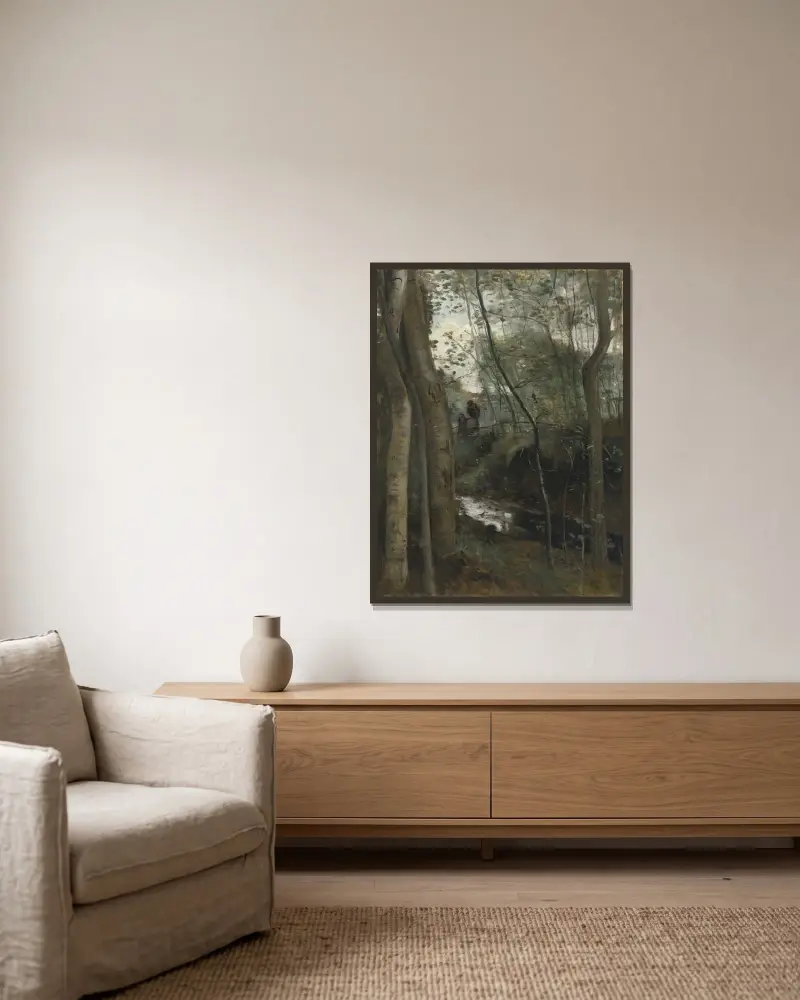 Un ruisseau sous bois av Jean-Baptiste-Camille Corot inramad på en vägg