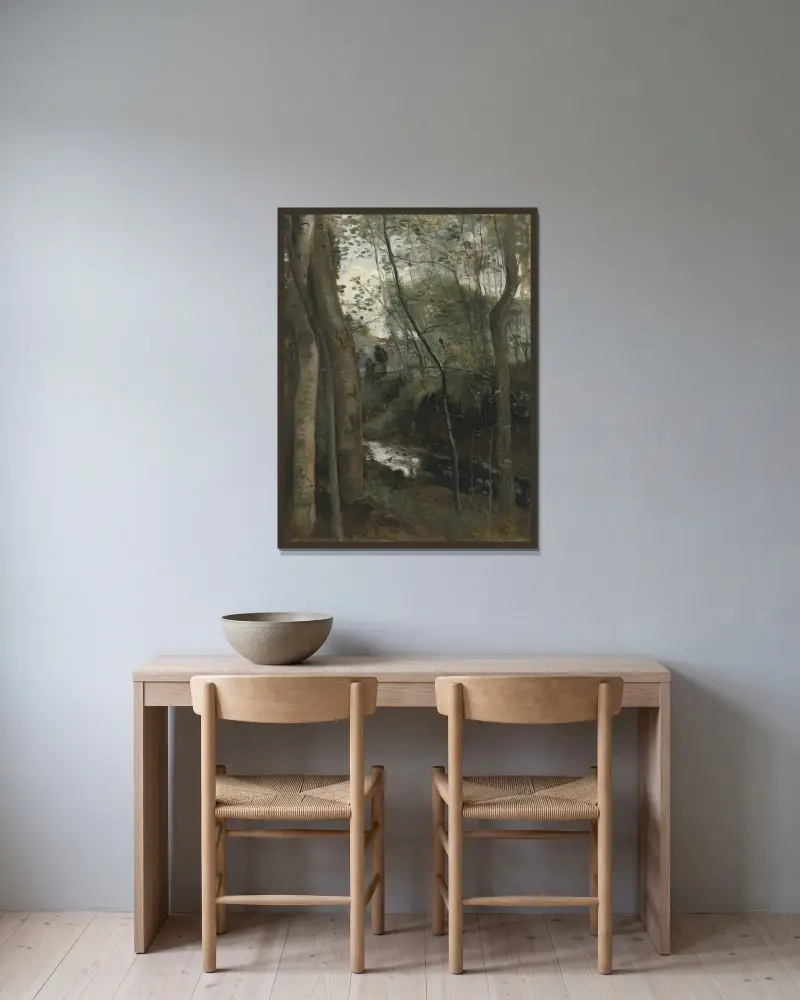 Un ruisseau sous bois av Jean-Baptiste-Camille Corot inramad på en vägg