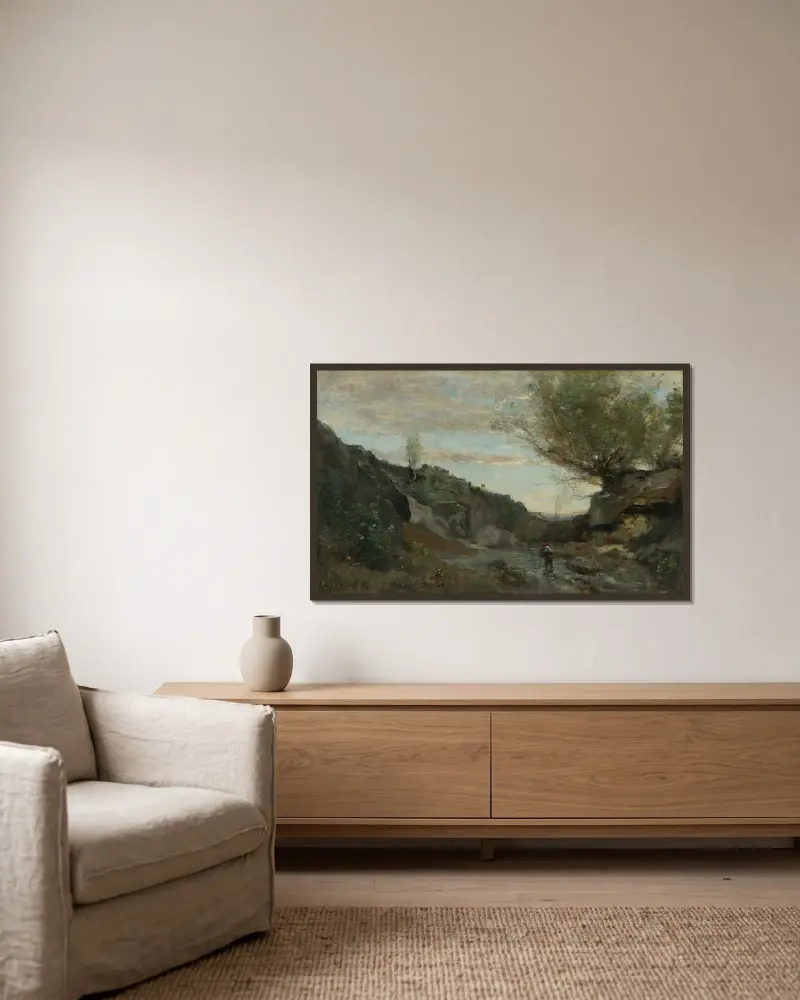 Un Torrent Des Abruzzes av Jean-Baptiste-Camille Corot inramad på en vägg