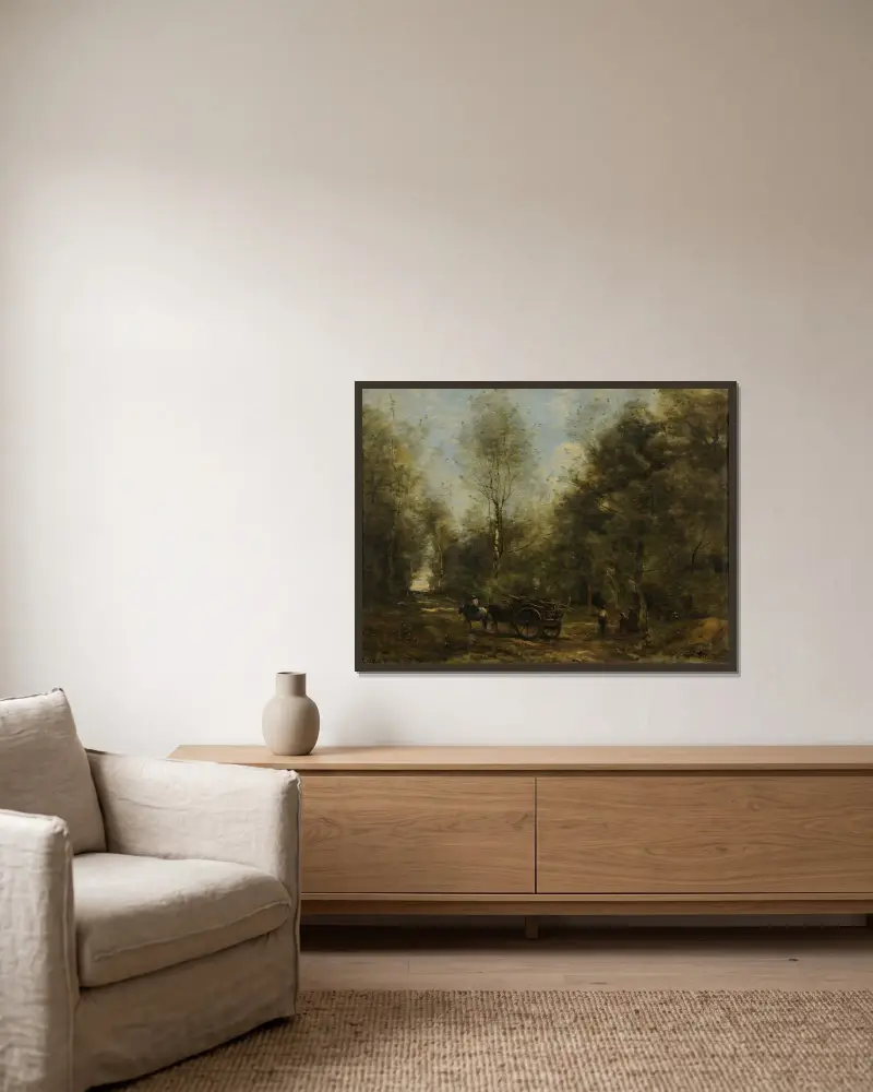 En allé i Wagnonvilles skogar av Jean-Baptiste-Camille Corot inramad på en vägg