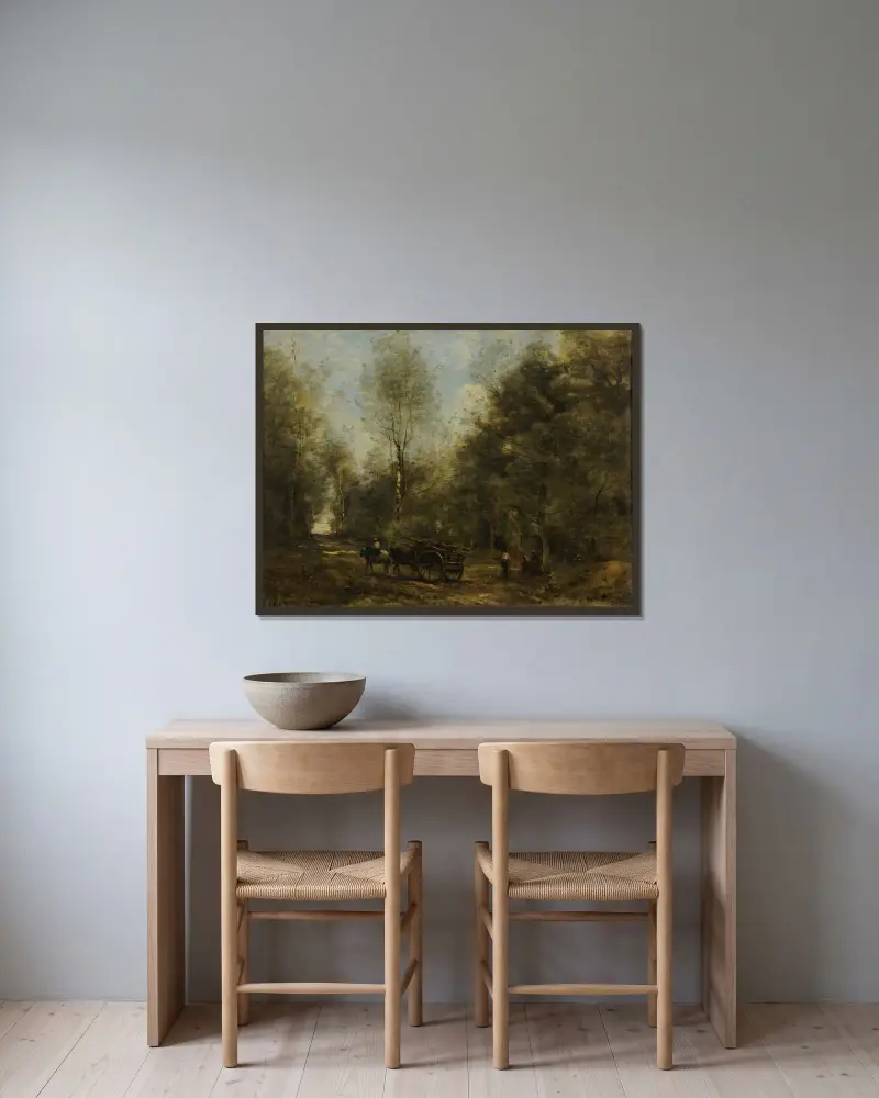 En allé i Wagnonvilles skogar av Jean-Baptiste-Camille Corot inramad på en vägg