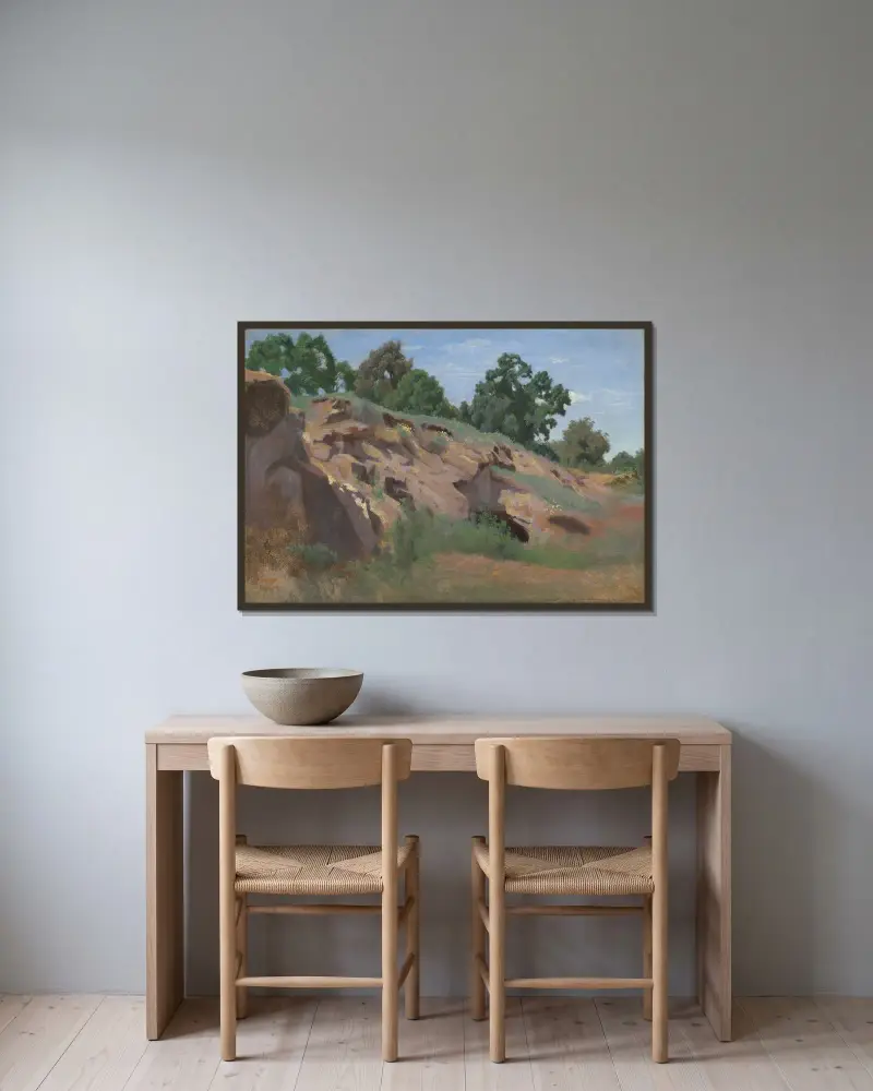 Felsiger Abhang von Jean-Baptiste-Camille Corot gerahmt an einer Wand