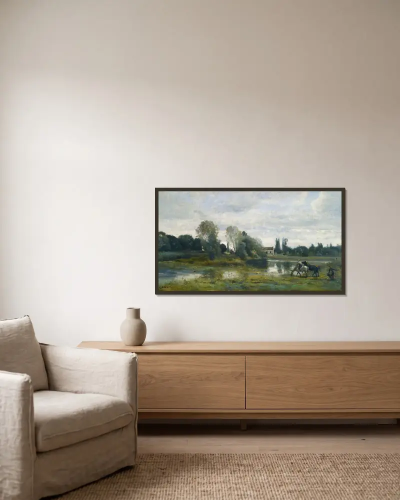 Ville D’avray; L’abreuvoir Des Chevaux av Jean-Baptiste-Camille Corot inramad på en vägg