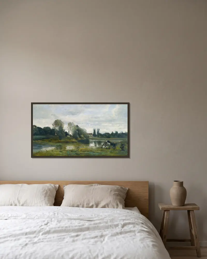 Ville D’avray; L’abreuvoir Des Chevaux av Jean-Baptiste-Camille Corot inramad på en vägg