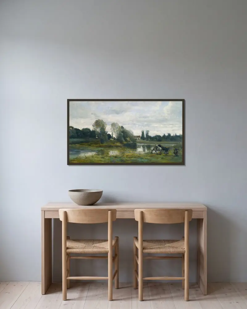 Ville D’avray; L’abreuvoir Des Chevaux av Jean-Baptiste-Camille Corot inramad på en vägg