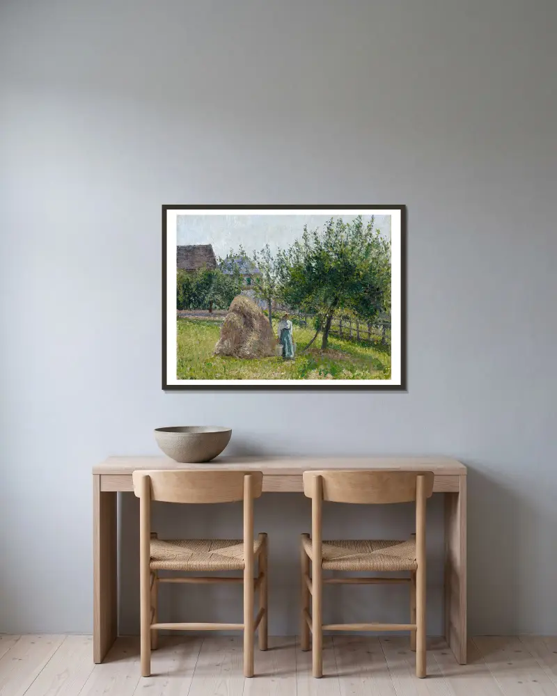 Apple Trees in Eragny, Sunny Morning av Camille Pissarro inramad på en vägg