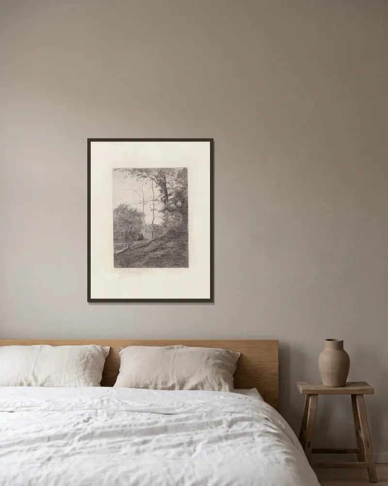 Au bord de l’eau av Camille Pissarro inramad på en vägg