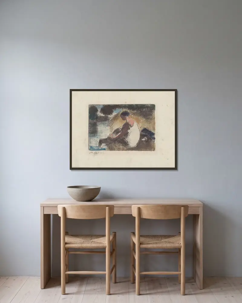 Baigneuse mettant ses ba av Camille Pissarro inramad på en vägg