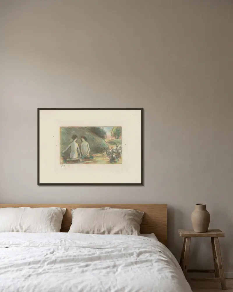 Baigneuses gardeuses d’oies av Camille Pissarro inramad på en vägg