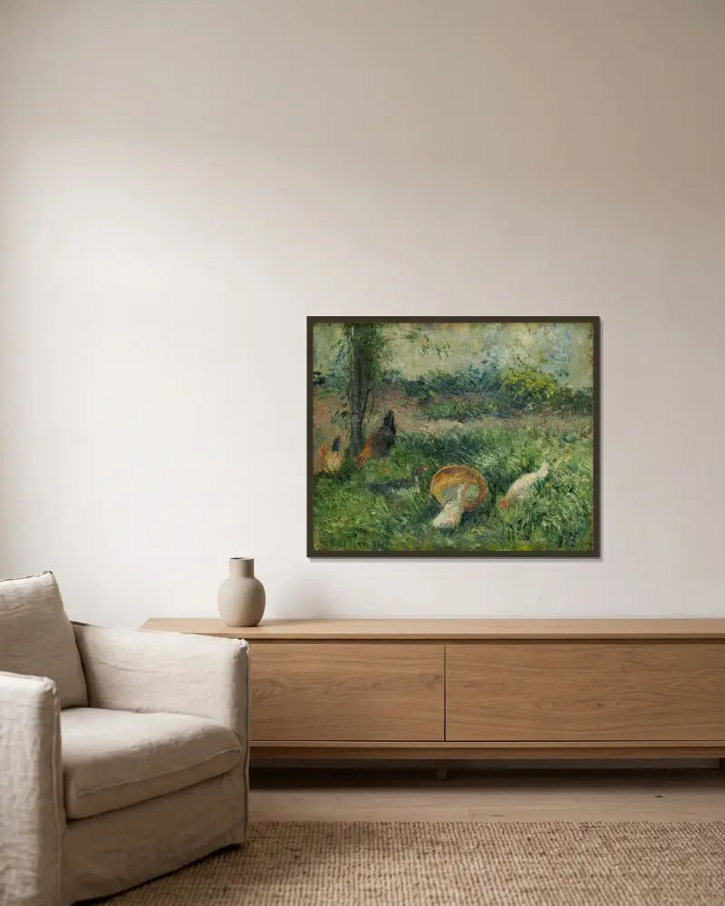 Basse-cour avec poules et canards av Camille Pissarro inramad på en vägg