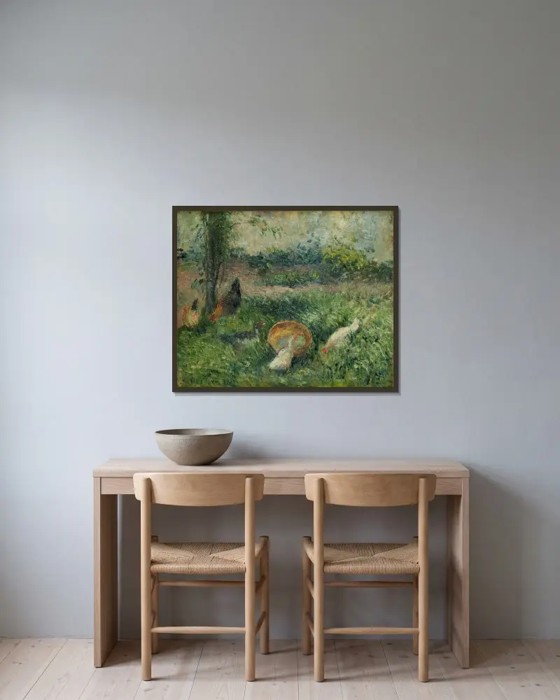 Basse-cour avec poules et canards av Camille Pissarro inramad på en vägg