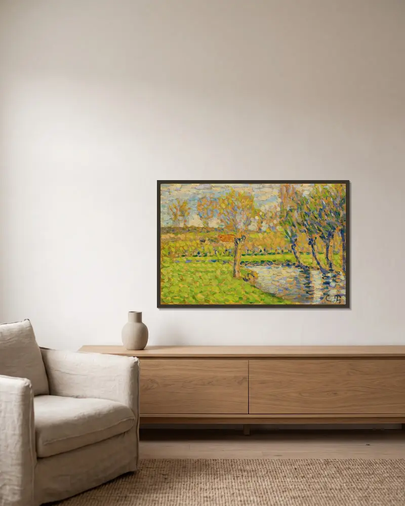 Bords De L’Epte À Éragny av Camille Pissarro inramad på en vägg