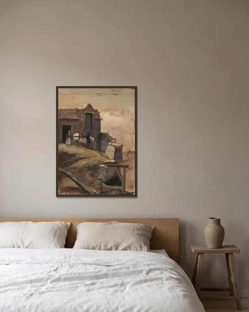 Cheval blanc devant une ferme av Camille Pissarro inramad på en vägg