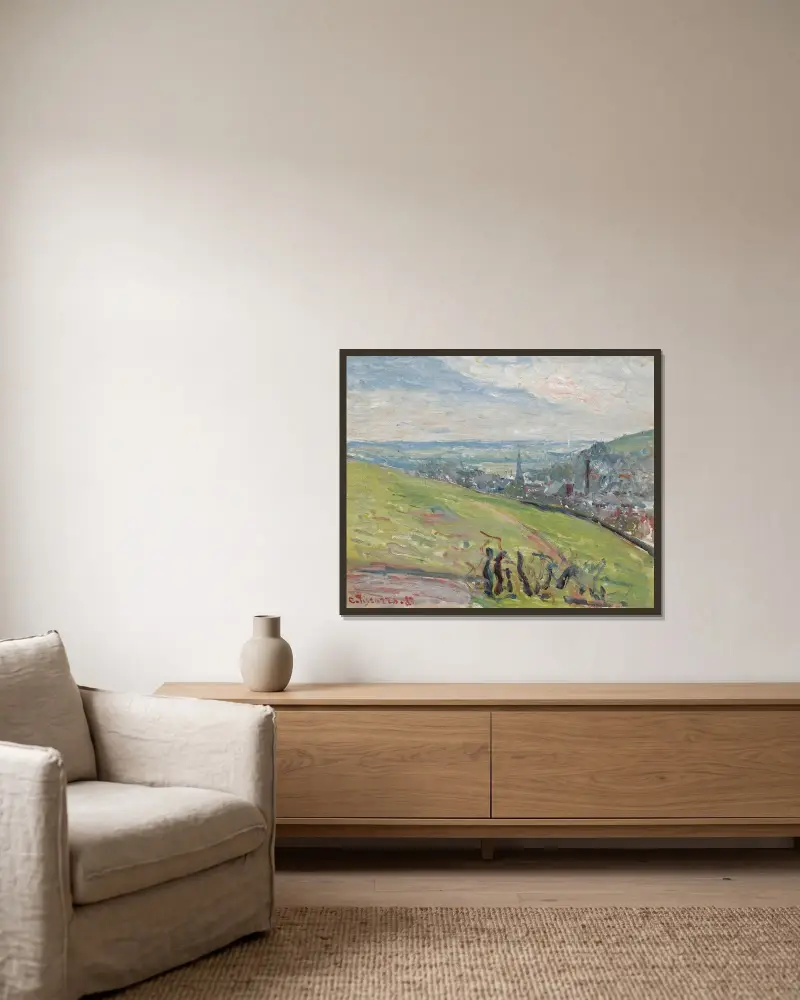Umgebung von Rouen von Camille Pissarro gerahmt an einer Wand