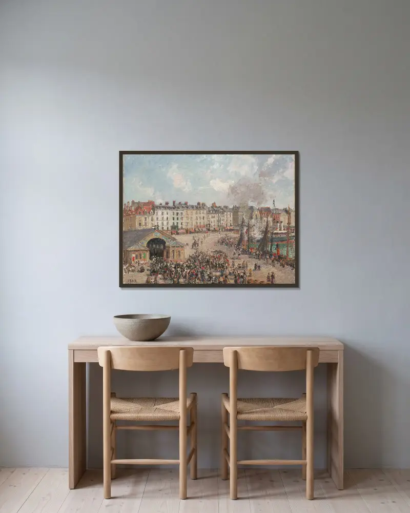 Fischmarkt von Camille Pissarro gerahmt an einer Wand