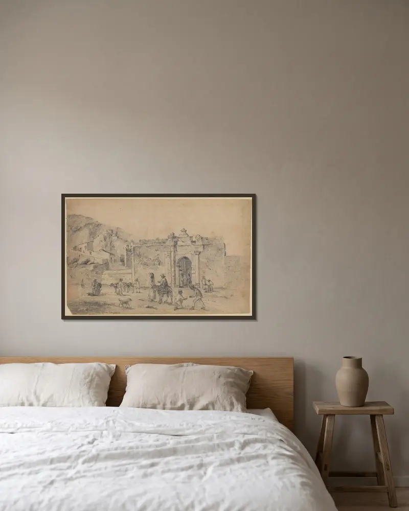 Folkeliv uden for en byport av Camille Pissarro inramad på en vägg