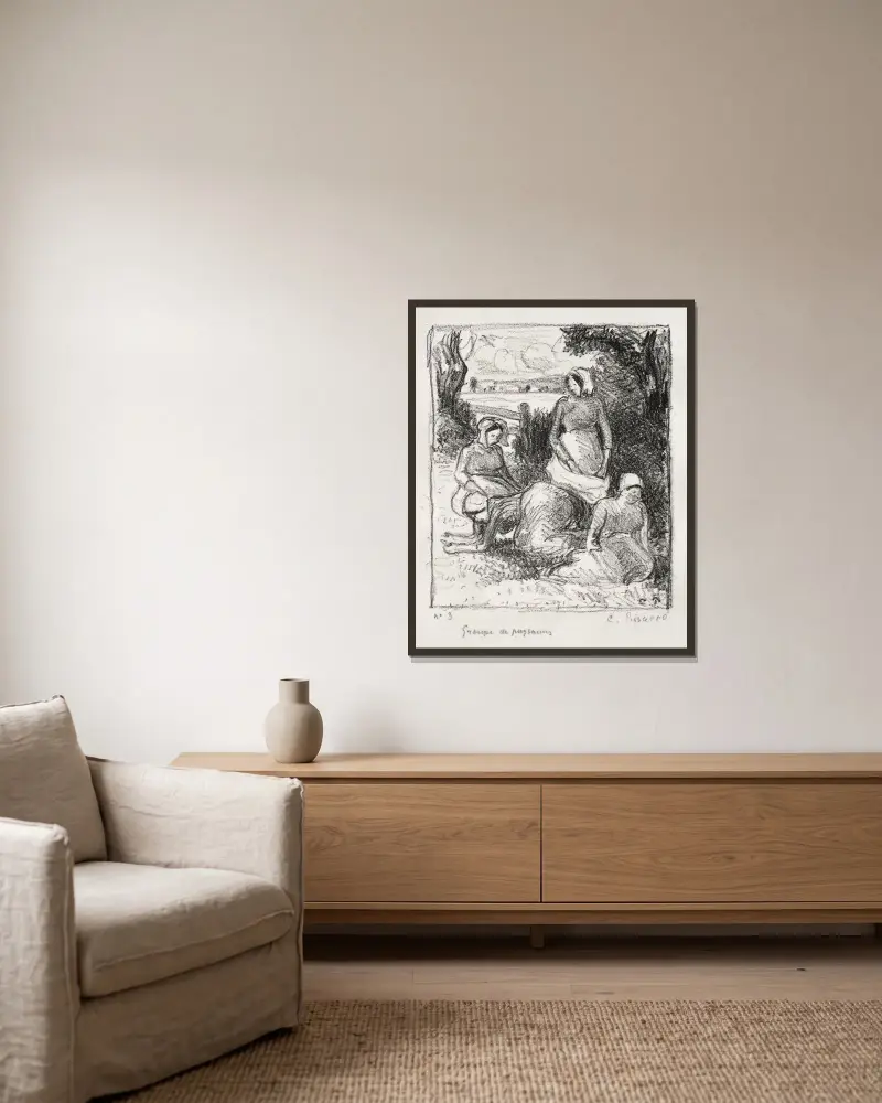 Gruppe von Bauern von Camille Pissarro gerahmt an einer Wand