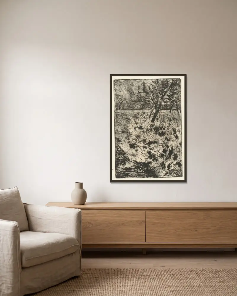 Das Knollenfeld von Camille Pissarro gerahmt an einer Wand