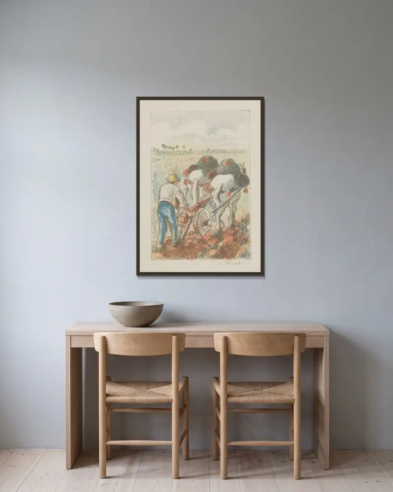 La charrue av Camille Pissarro inramad på en vägg