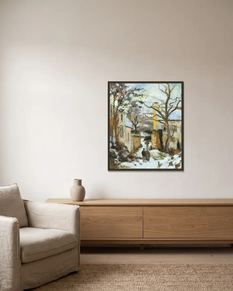 Das Haus Rondest im Schnee, Pontoise von Camille Pissarro gerahmt an einer Wand