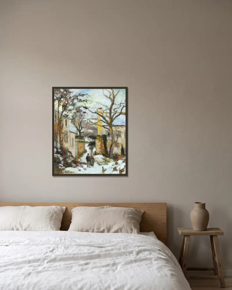 Das Haus Rondest im Schnee, Pontoise von Camille Pissarro gerahmt an einer Wand