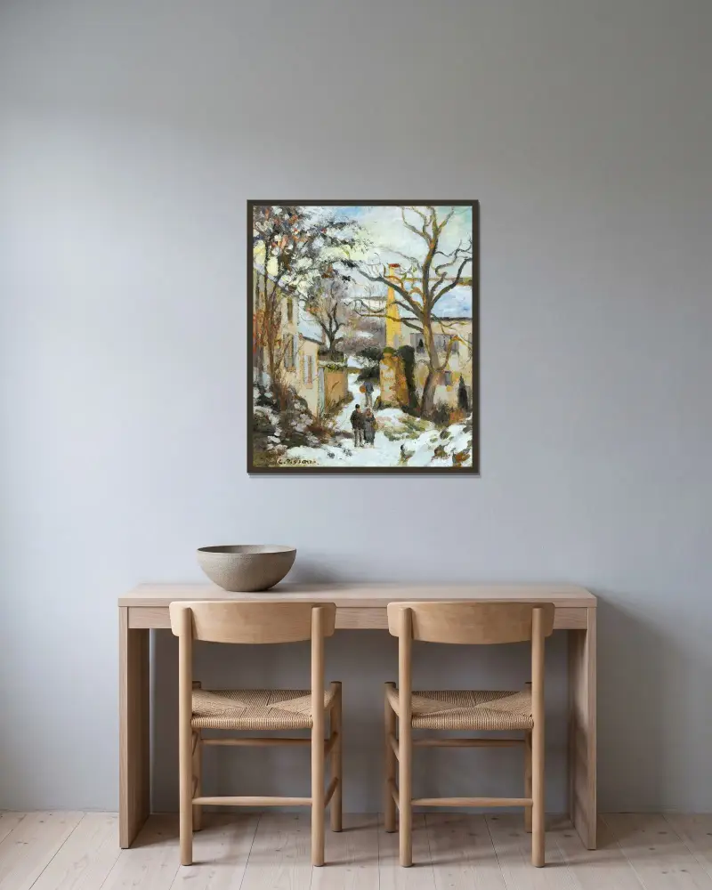 Das Haus Rondest im Schnee, Pontoise von Camille Pissarro gerahmt an einer Wand