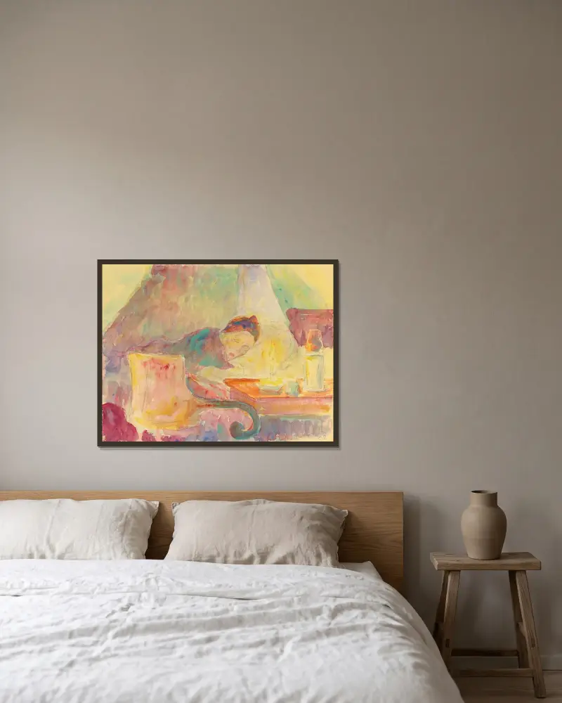 La Mère De L’artiste Au Lit av Camille Pissarro inramad på en vägg