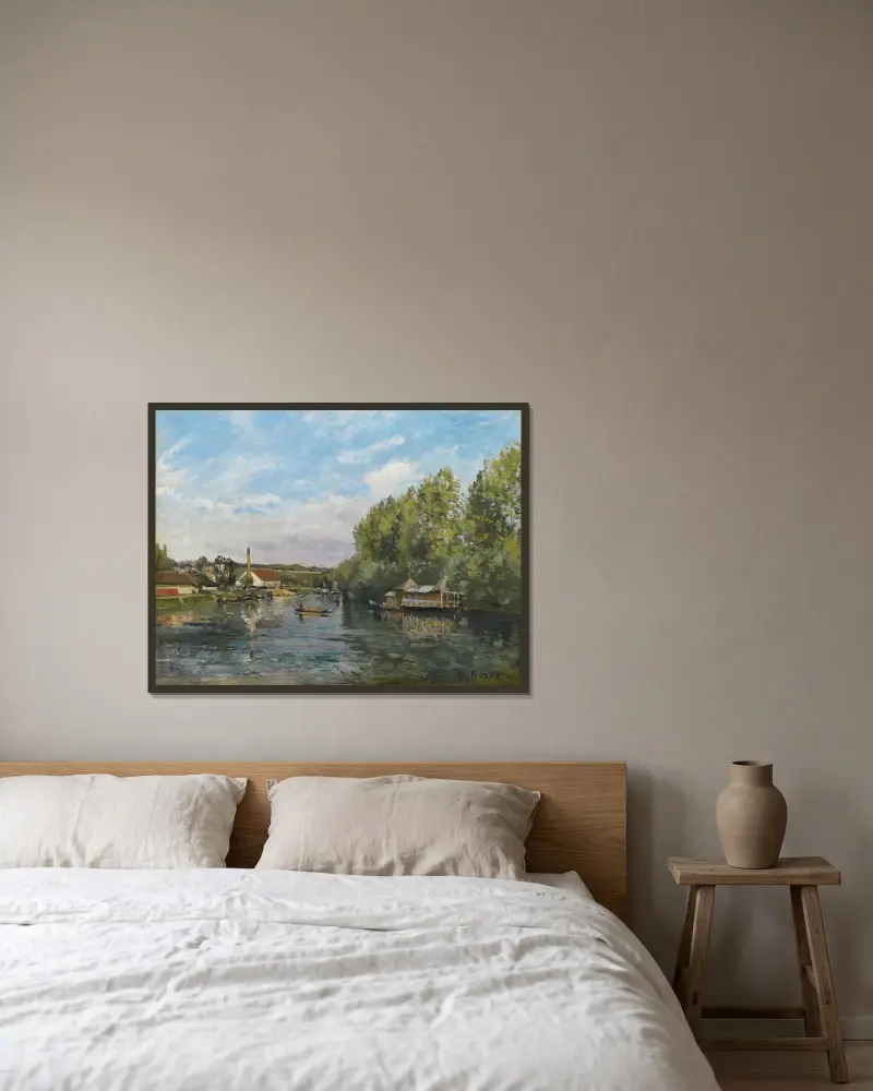 La Seine À Port-Marly av Camille Pissarro inramad på en vägg