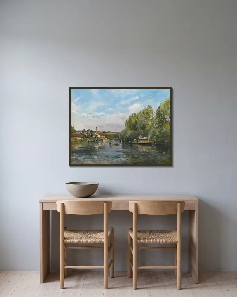 La Seine À Port-Marly av Camille Pissarro inramad på en vägg