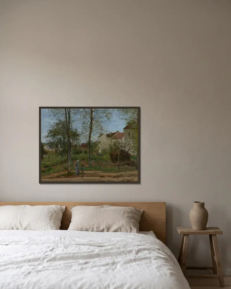 Landscape at Louveciennes av Camille Pissarro inramad på en vägg