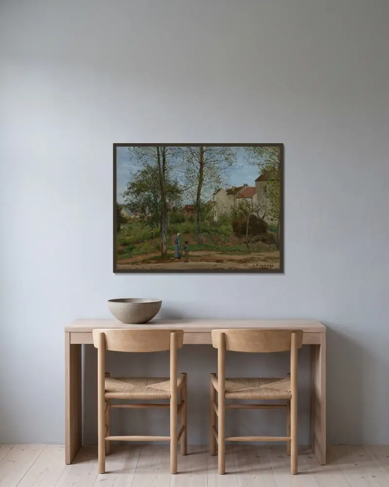 Landscape at Louveciennes av Camille Pissarro inramad på en vägg