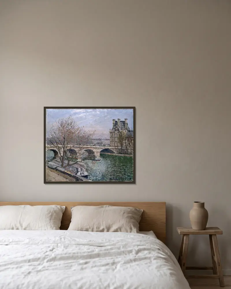 Der Pont Royal und der Pavillon de Flore von Camille Pissarro gerahmt an einer Wand