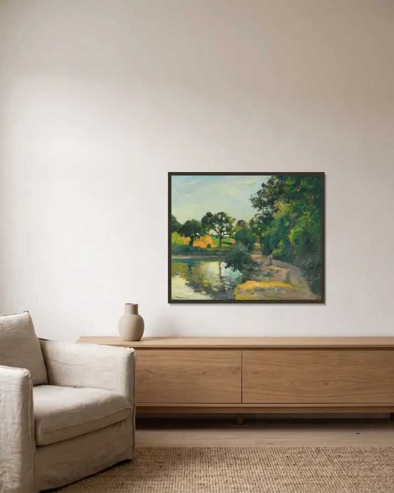 L’étang Au Soleil Couchant, Montfoucault av Camille Pissarro inramad på en vägg