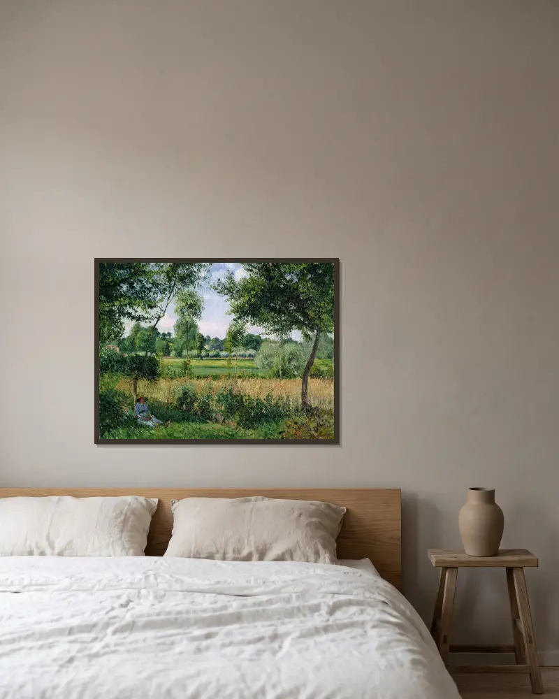 Morning Sunlight Effect, Eragny av Camille Pissarro inramad på en vägg