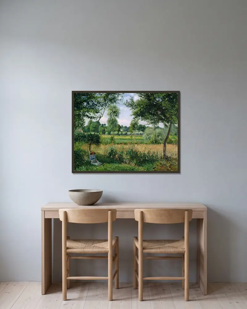 Morning Sunlight Effect, Eragny av Camille Pissarro inramad på en vägg