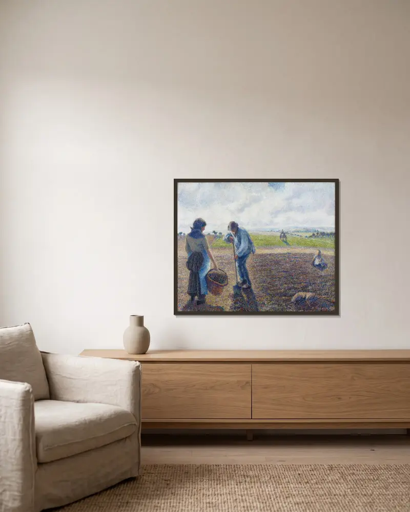 Paysans dans les champs, Éragny (Peasants in the Fields, Éragny) av Camille Pissarro inramad på en vägg