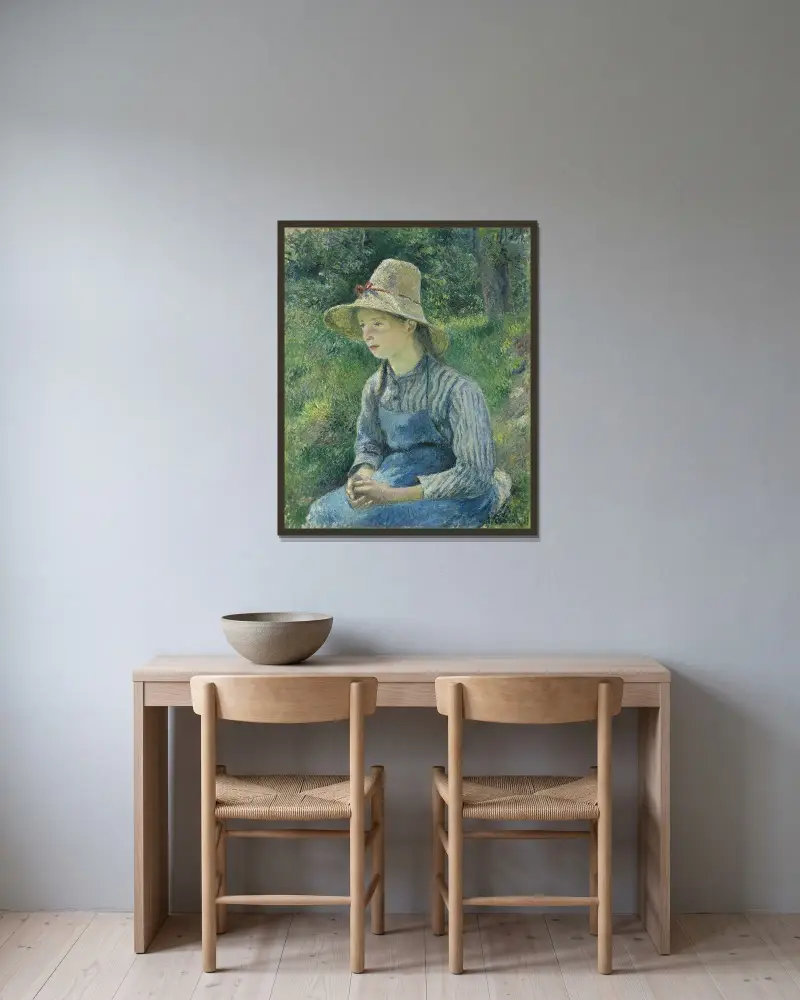 Peasant Girl with a Straw Hat av Camille Pissarro inramad på en vägg