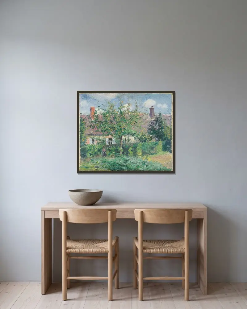 Bondgård i Éragny av Camille Pissarro inramad på en vägg