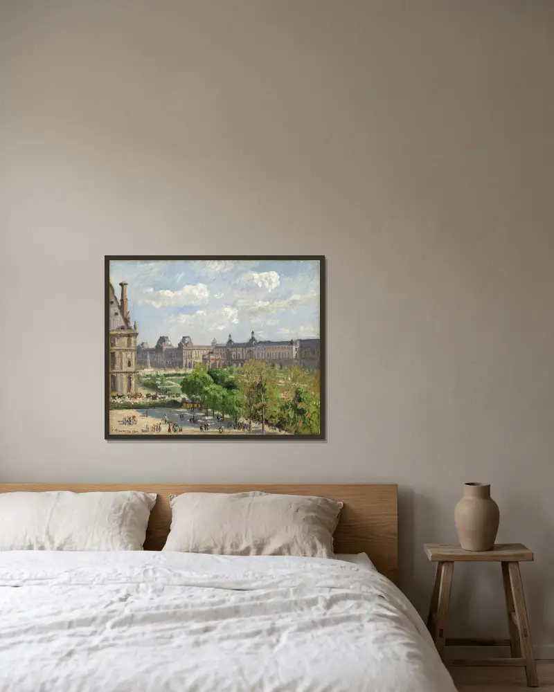 Place du Carrousel,Paris av Camille Pissarro inramad på en vägg