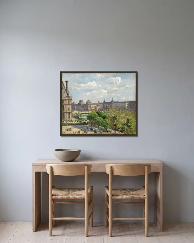 Place du Carrousel,Paris av Camille Pissarro inramad på en vägg