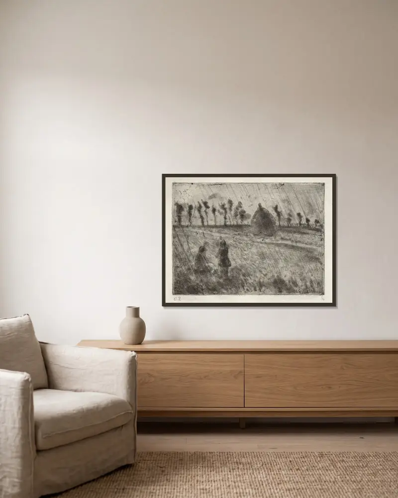 Účinky deště, Camille Pissarro v rámu na stěně