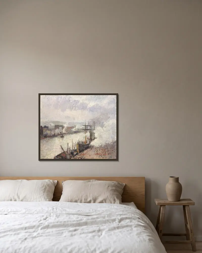 Steamboats in the Port of Rouen av Camille Pissarro inramad på en vägg
