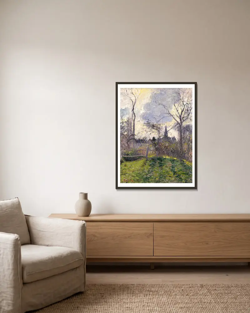 Klocktornet i Bazincourt av Camille Pissarro inramad på en vägg