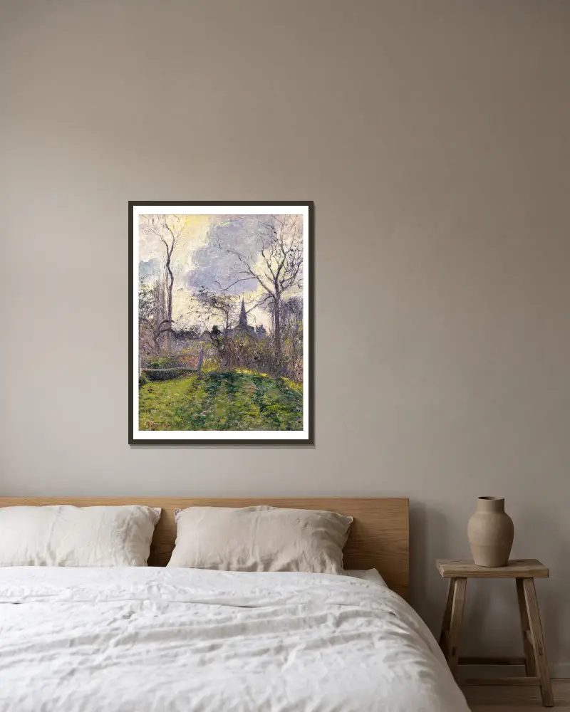 Klocktornet i Bazincourt av Camille Pissarro inramad på en vägg
