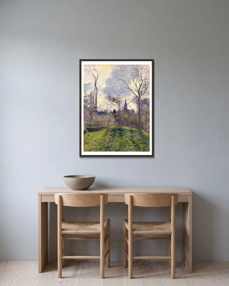 Klocktornet i Bazincourt av Camille Pissarro inramad på en vägg